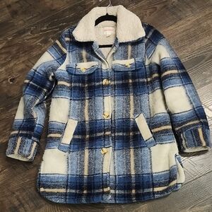 Joe Fresh Blue and Cream Plaid Sherpa Coat
